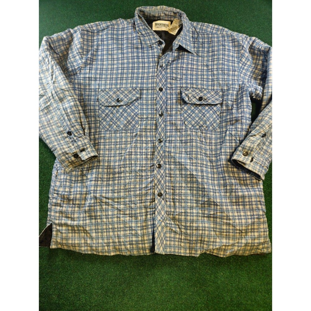 Wilderness Flannel Mens Size 2XL Blue White Plaid Quilted Lined Button Up Jacket